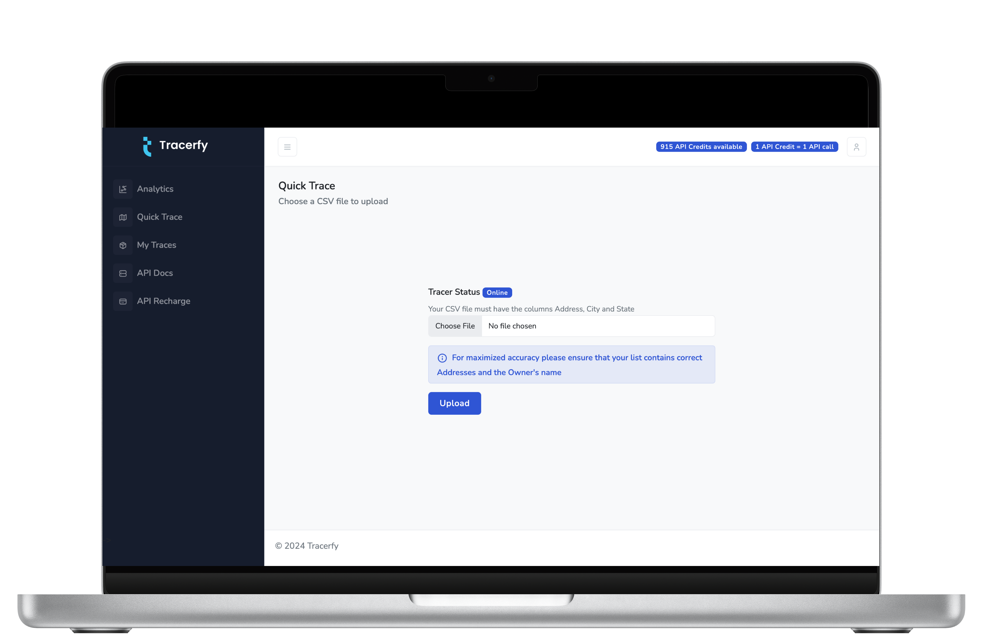 Step 1: Upload CSV file for skip tracing - Tracerfy platform screenshot