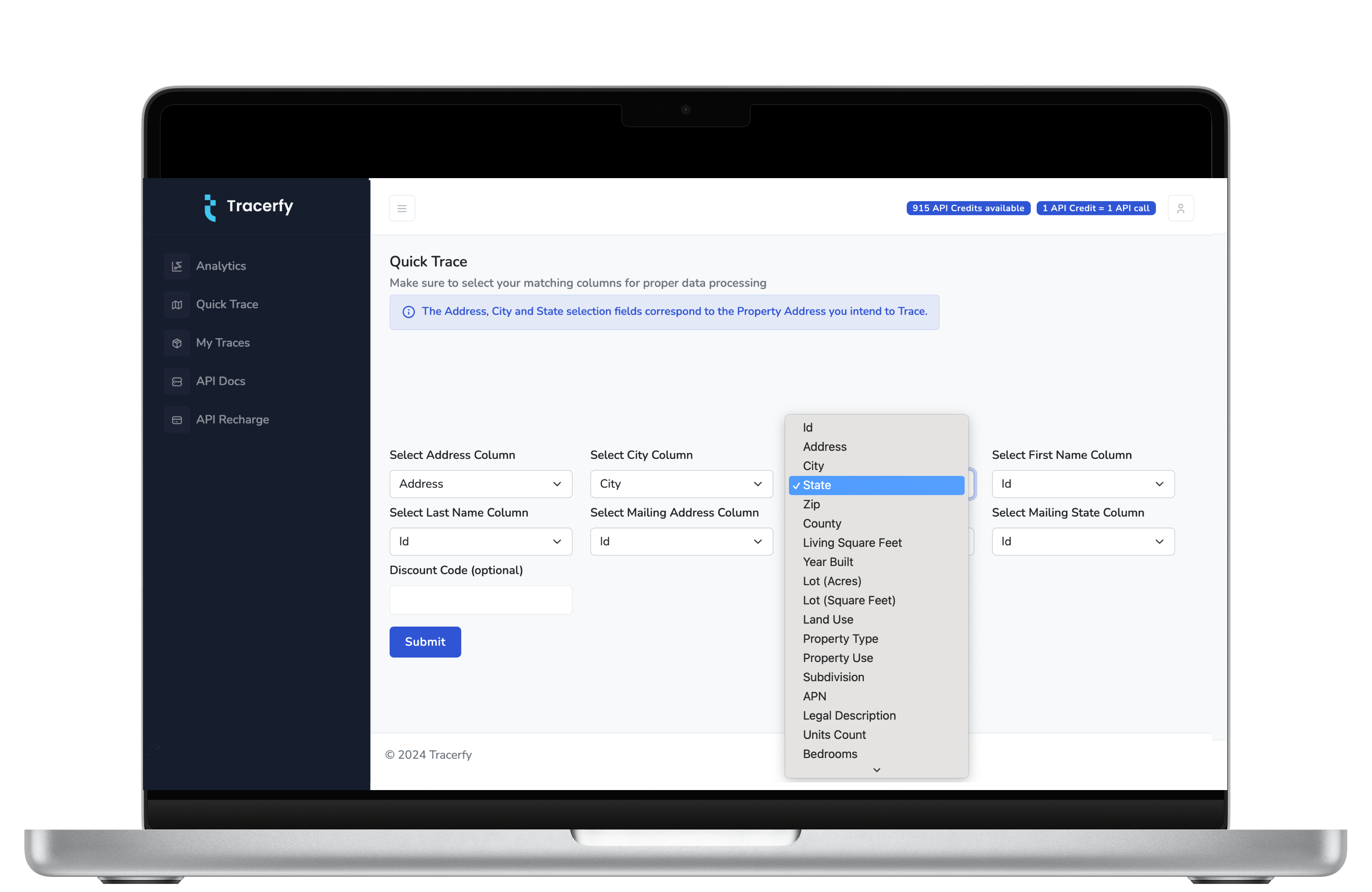 Step 2: Select required columns for property owner data - Tracerfy interface